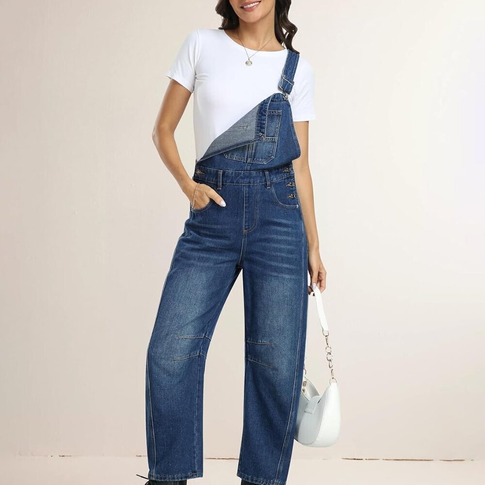 Denim Overalls for Women Barrel Wide Leg Bib Baggy Jeans Adjustable Denim Romper - Picture 4 of 5